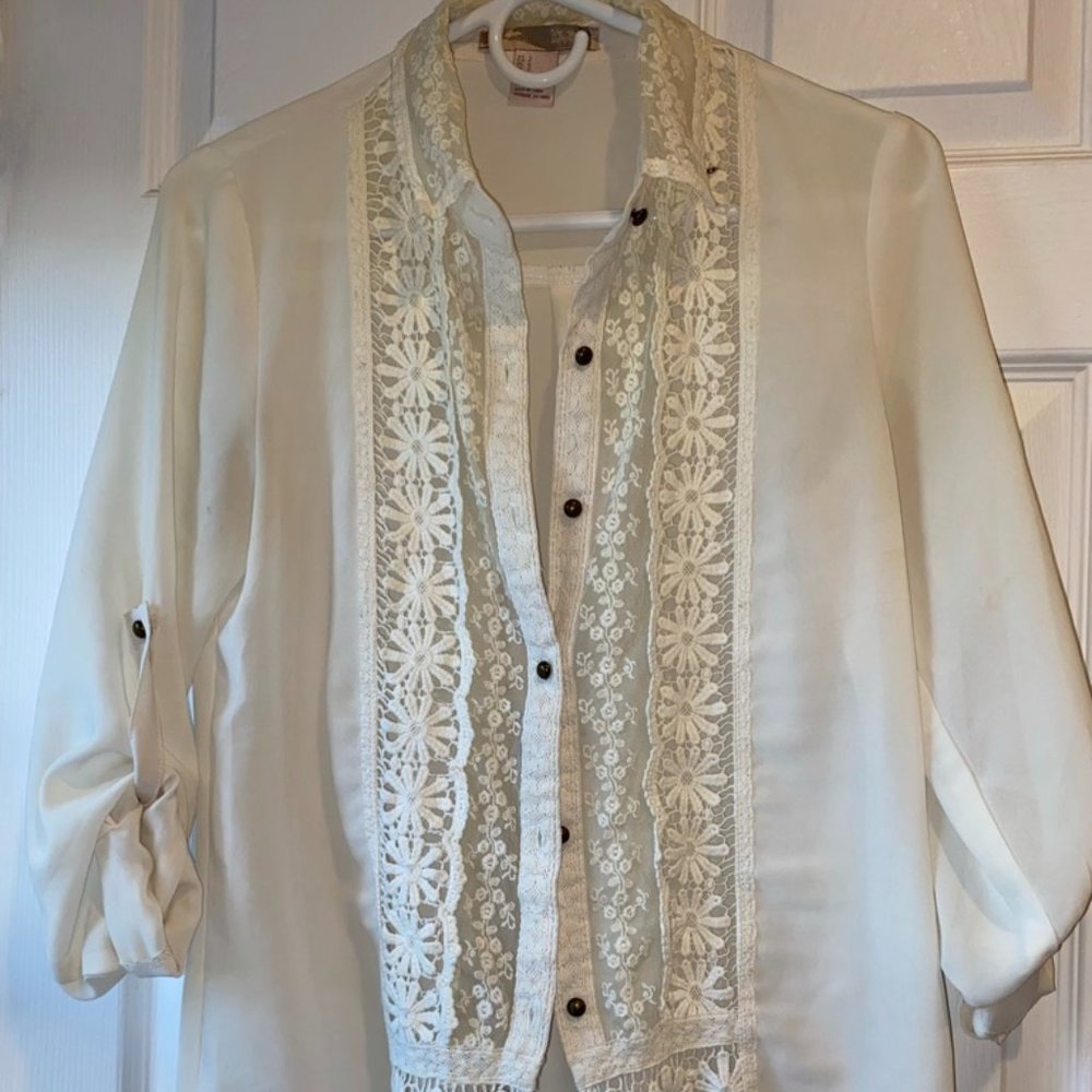 White Floral Lace Button Up Blouse
